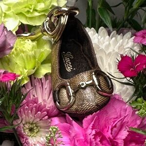 Gucci Horsebit Brown GG Logo Keychain Tiny Shoe Charm Gold Hardware